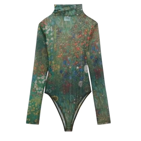 ZARA Art Print Floral Sheer Mesh Bodysuit Farm Garden with Sunflowers - Picture 1 of 4